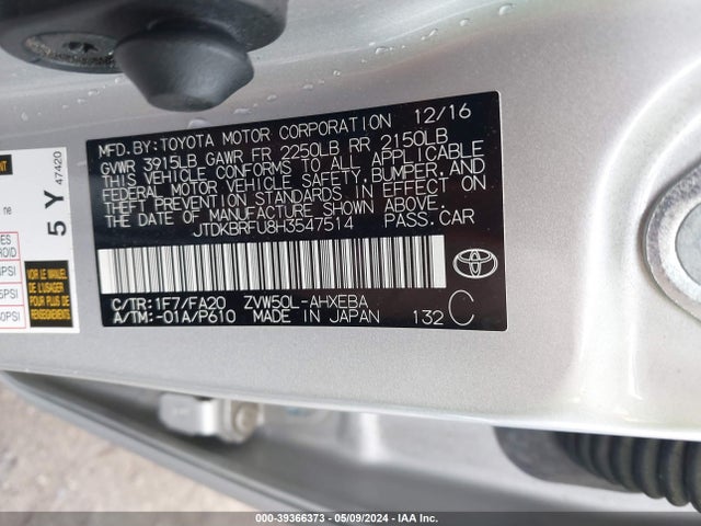 Toyota Prius Two 2017 JTDKBRFU8H3547514 Image 9
