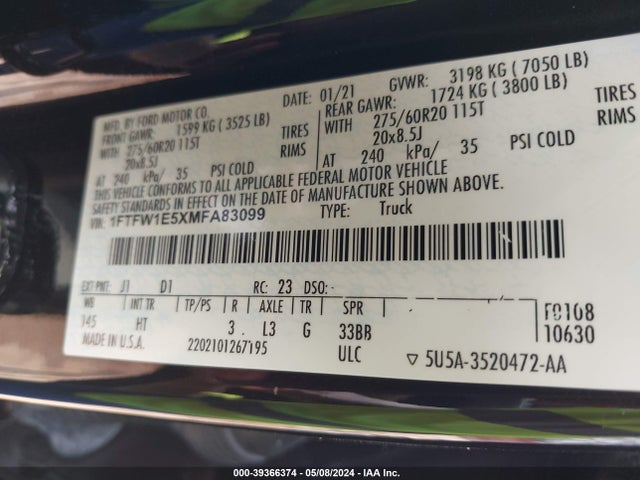 Ford F-150 Lariat 2021 1FTFW1E5XMFA83099 Image 9