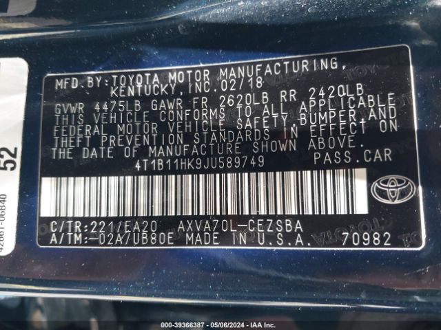 4T1B11HK9JU589749 Toyota CAMRY SE