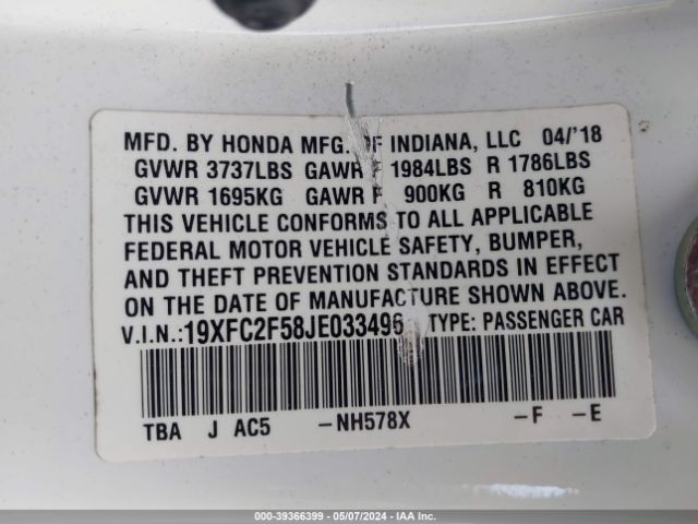 19XFC2F58JE033496 Honda Civic Lx