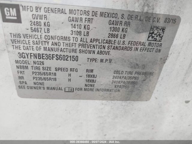 3GYFNBE36FS602150 Cadillac Srx Luxury Collection