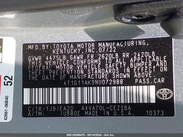 Toyota CAMRY SE 2022 4T1G11AK9NU072988 Image 9