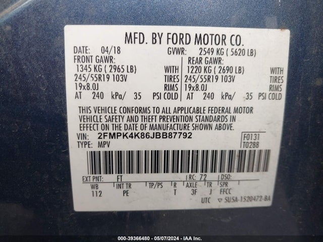 Ford Edge Titanium 2018 2FMPK4K86JBB87792 Image 9