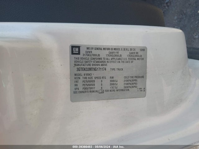 Aukcja sprzedaży 2009 Gmc Sierra 1500 Slt, vin: 3GTEK33M79G171174, numer aukcji: 39366483