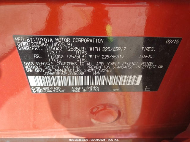 Toyota Rav4 Xle 2015 JTMWFREV4FJ036388 Image 9