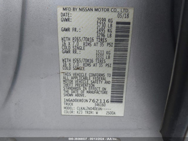 Nissan Frontier Sv 2018 1N6AD0ER0JN762116 Image 9