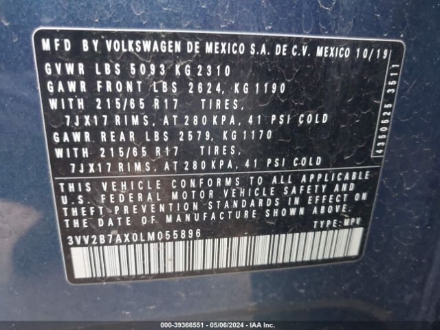 3VV2B7AX0LM055896 Volkswagen Tiguan 2.0t Se/2.0t Se R-line Black/2.0t Sel
