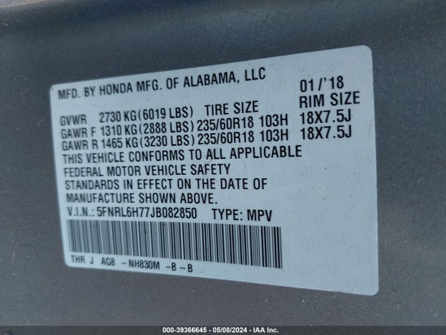 Honda Odyssey Ex-l 2018 5FNRL6H77JB082850 Image 9