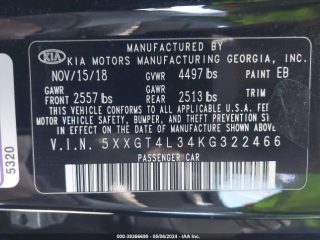 5XXGT4L34KG322466 KIA Optima S