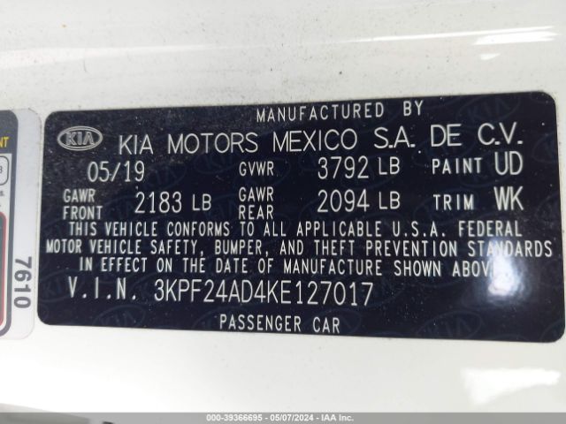 3KPF24AD4KE127017 KIA Forte Lxs