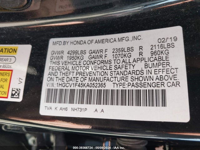 Honda ACCORD EX 2019 1HGCV1F45KA052365 Image 9