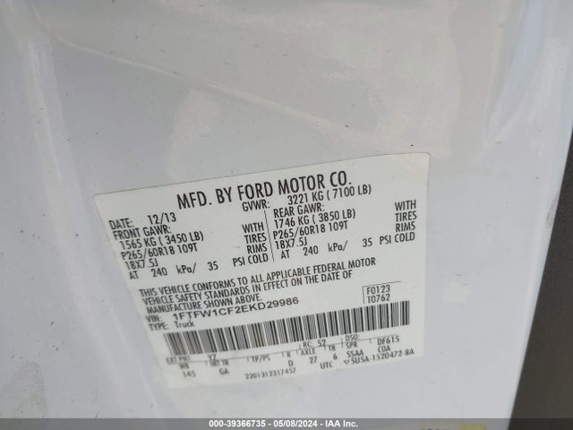 1FTFW1CF2EKD29986 Ford F-150 Xlt
