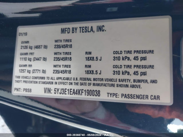 5YJ3E1EA4KF190038 Tesla Model 3 Long Range/mid Range/standard Range/standard Range Plus