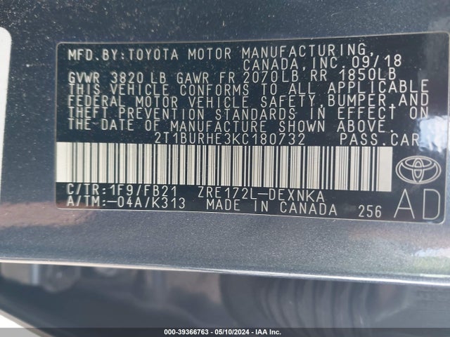Toyota COROLLA LE 2019 2T1BURHE3KC180732 Image 9