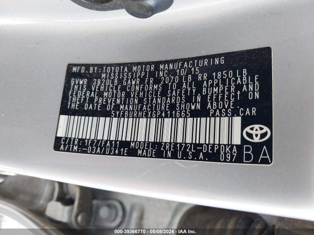 Toyota COROLLA L 2016 5YFBURHEXGP411665 Image 9