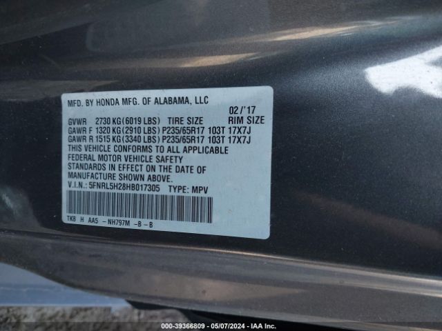 5FNRL5H28HB017305 Honda ODYSSEY LX