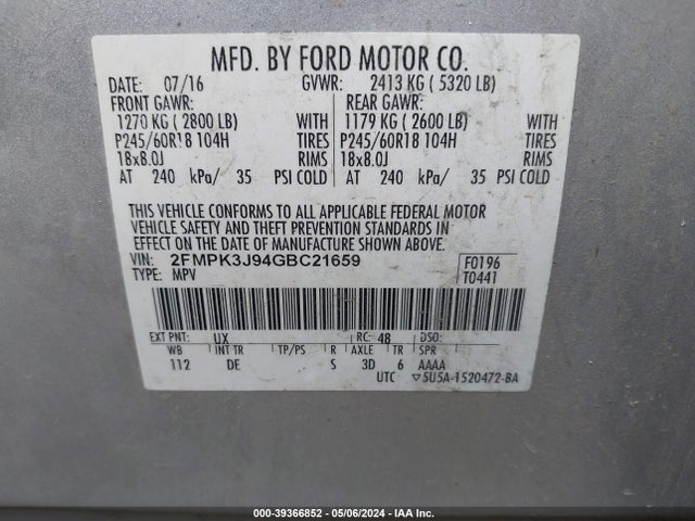 Ford EDGE SEL 2016 2FMPK3J94GBC21659 Image 9