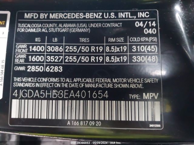 4JGDA5HB3EA401654 Mercedes-Benz Ml 350 4matic