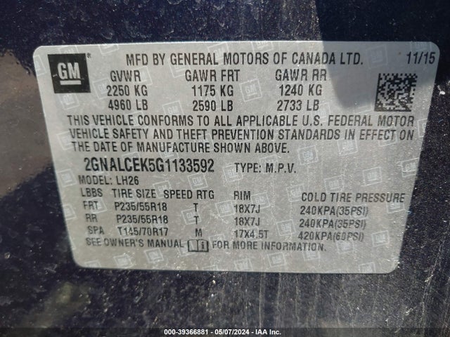 Chevrolet EQUINOX LT 2016 2GNALCEK5G1133592 Image 9