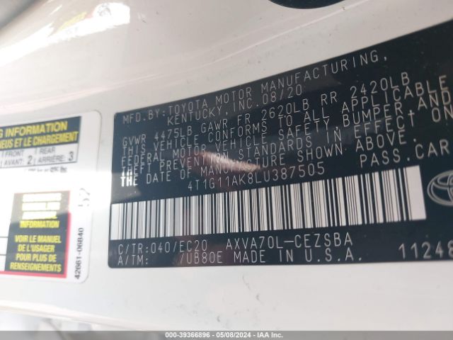 4T1G11AK8LU387505 Toyota Camry Se Nightshade Edition