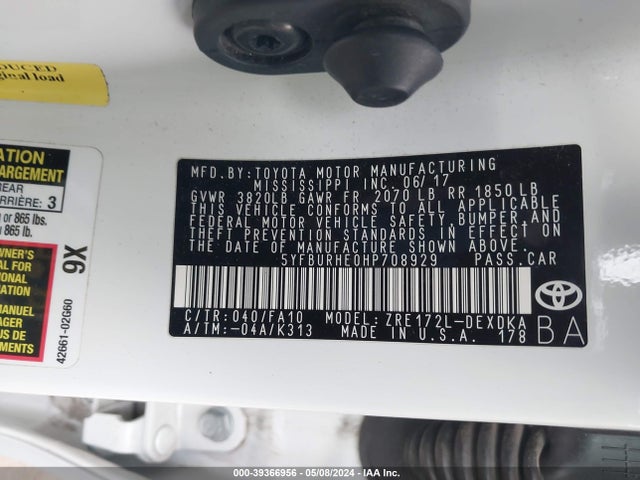 Toyota COROLLA L 2017 5YFBURHE0HP708929 Image 9