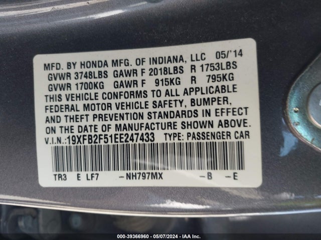 Honda Civic Lx 2014 19XFB2F51EE247433 Image 9