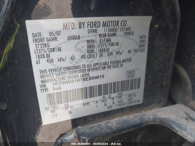 39366981 :رقم المزاد ، 1FTWW31R78EB54615 vin ، 2008 Ford F-350 Fx4/harley-davidson/king Ranch/lariat/xl/xlt مزاد بيع