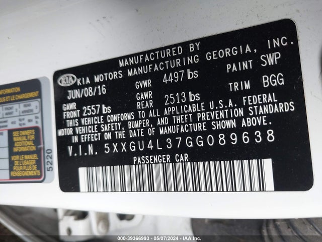 KIA OPTIMA EX 2016 5XXGU4L37GG089638 Image 9