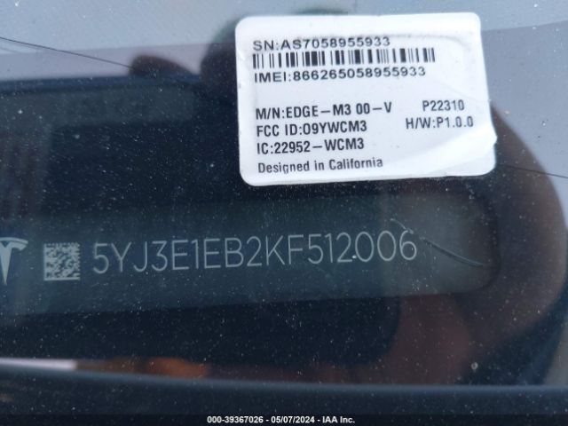 5YJ3E1EB2KF512006 Tesla Model 3 Long Range/performance