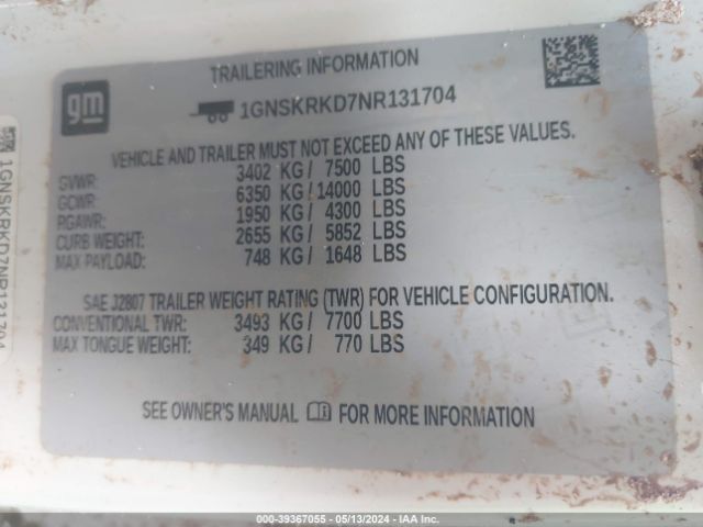 1GNSKRKD7NR131704 Chevrolet Tahoe 4wd Rst