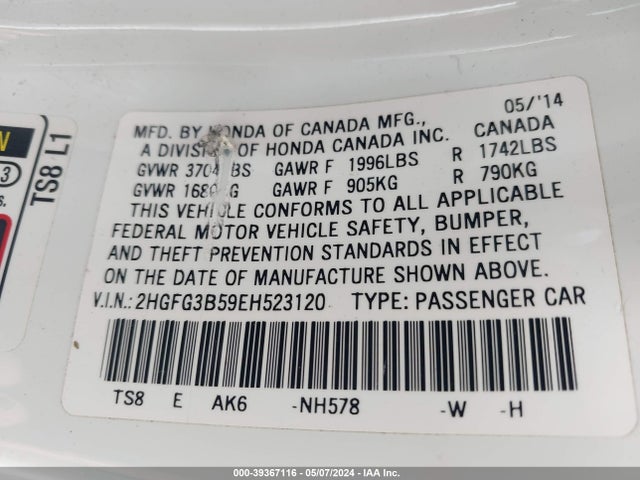 Honda Civic Lx 2014 2HGFG3B59EH523120 Image 9