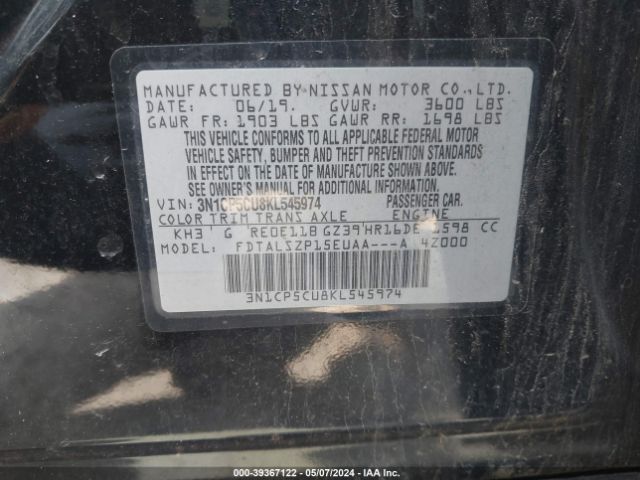 3N1CP5CU8KL545974 Nissan KICKS SV