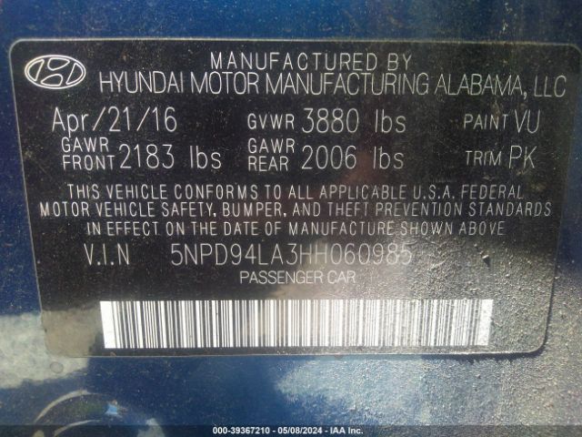 5NPD94LA3HH060985 Hyundai Elantra Eco