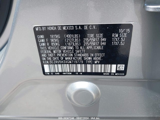 Honda HR-V LX 2016 3CZRU5H3XGM719779 Image 9