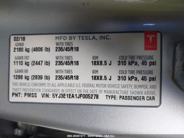 5YJ3E1EA1JF005278 Tesla Model 3 Long Range/mid Range