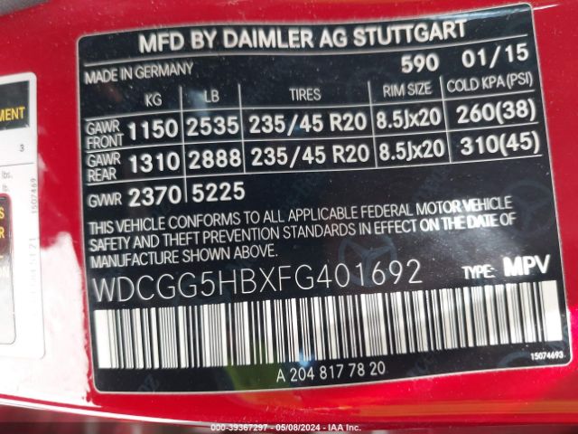 WDCGG5HBXFG401692 Mercedes-Benz GLK 350