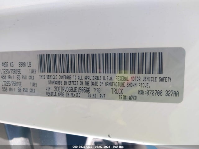 3C6TRVDG9JE150566 RAM Promaster 2500 High Roof 159 Wb