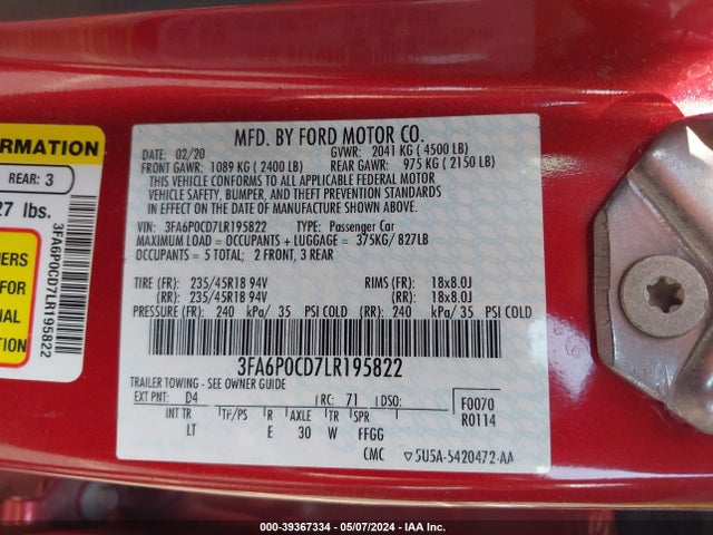 Ford FUSION SEL 2020 3FA6P0CD7LR195822 Image 9