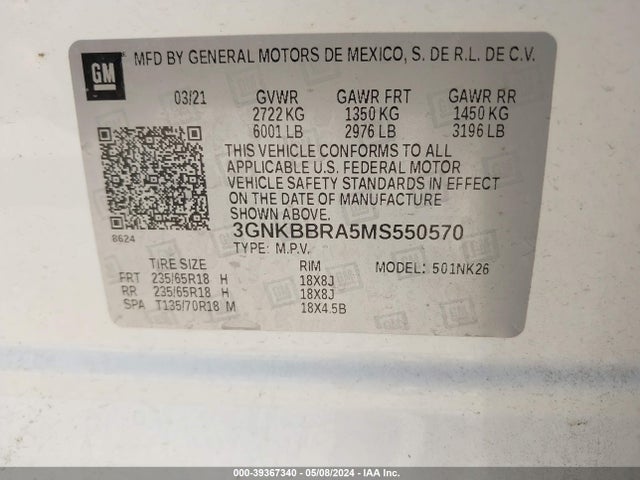 3GNKBBRA5MS550570 Chevrolet Blazer Fwd 1lt