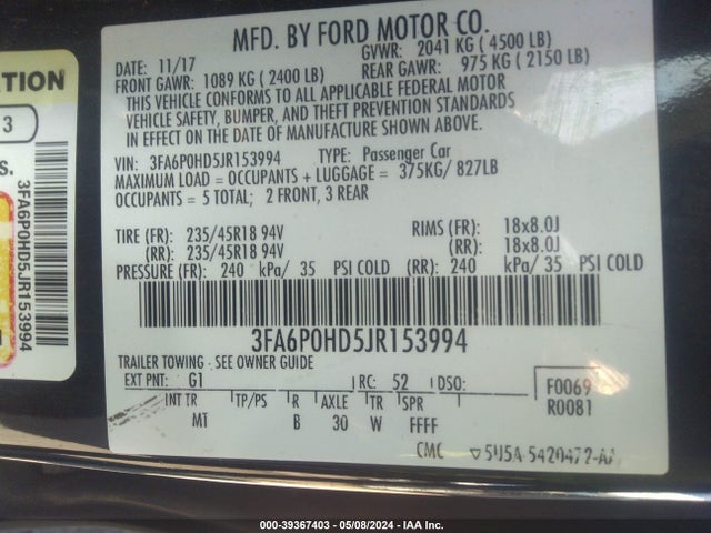 Ford FUSION SE 2018 3FA6P0HD5JR153994 Image 9