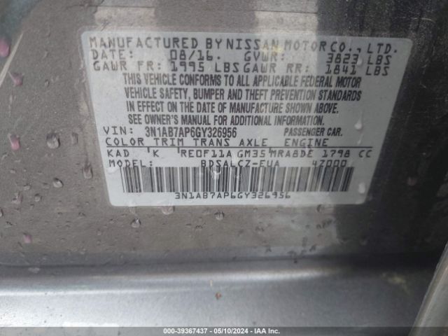 3N1AB7AP6GY326956 Nissan Sentra Fe+ S