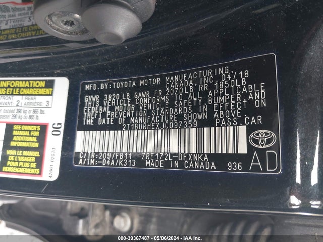 Toyota COROLLA LE 2018 2T1BURHEXJC097359 Image 9
