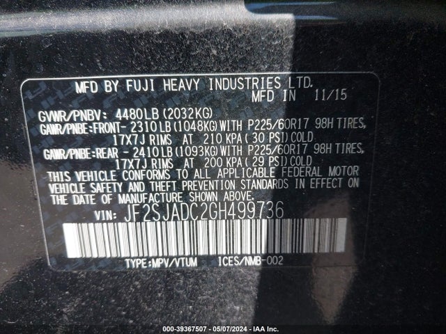 Subaru Forester 2.5i Premium 2016 JF2SJADC2GH499736 Image 9