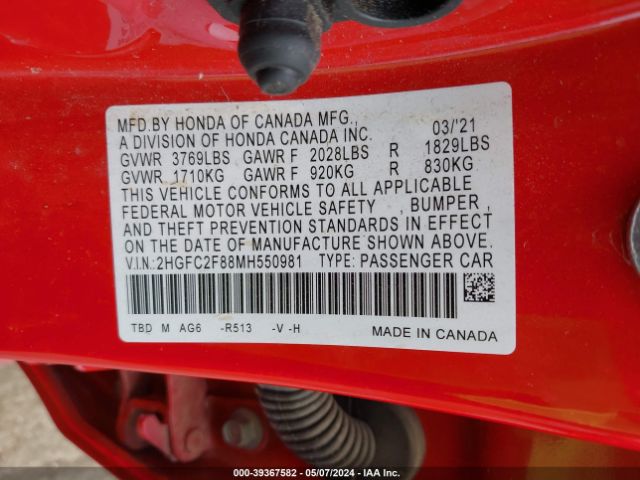 2HGFC2F88MH550981 Honda Civic Sport