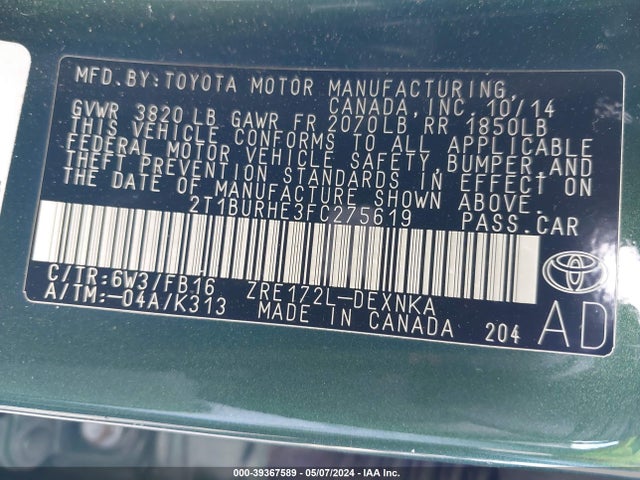 Toyota COROLLA LE 2015 2T1BURHE3FC275619 Image 9