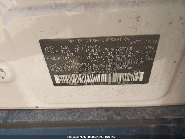 Subaru Outback 2.5i Limited 2019 4S4BSANC4K3347906 Image 9
