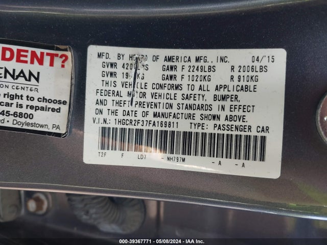 Honda ACCORD LX 2015 1HGCR2F37FA169811 Image 9