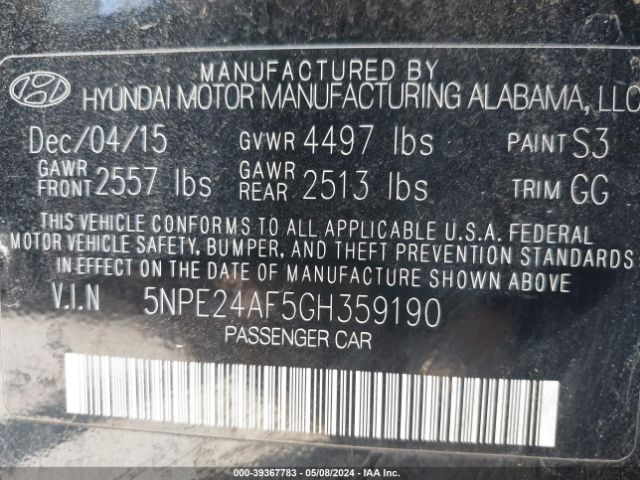 5NPE24AF5GH359190 Hyundai SONATA SE
