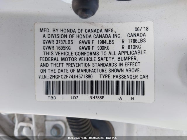 Honda CIVIC EX 2018 2HGFC2F74JH571880 Image 9