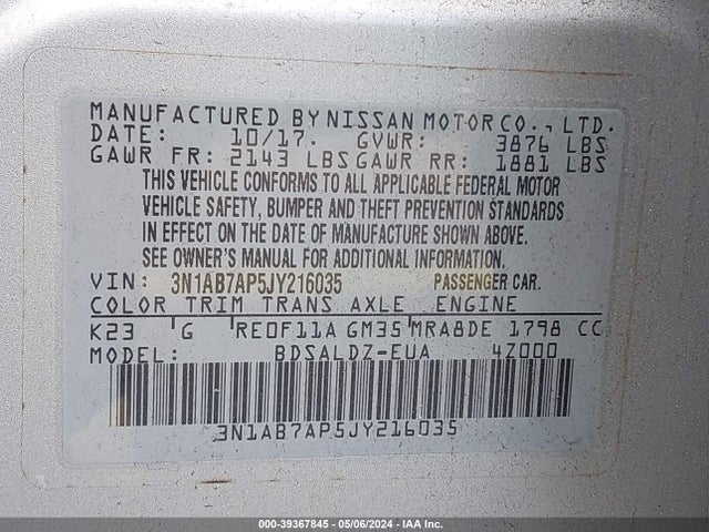 Nissan SENTRA SV 2018 3N1AB7AP5JY216035 Image 9